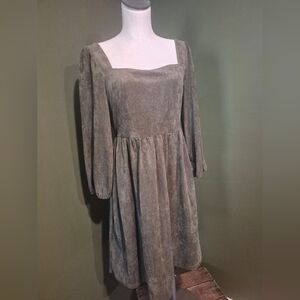 Elegant Square Neck Olive Green Suede Dress